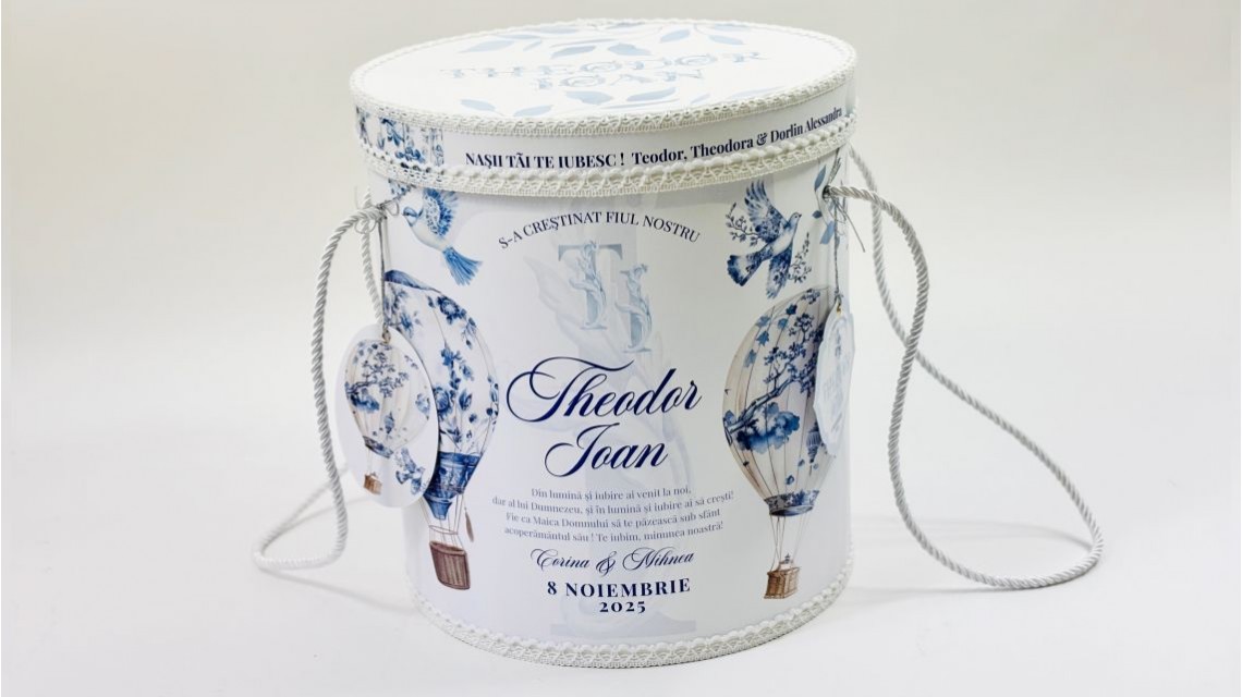 Trusou botez baietel Hot Air Balloon Blue Toile cu baloane de aer cald design elegant 33